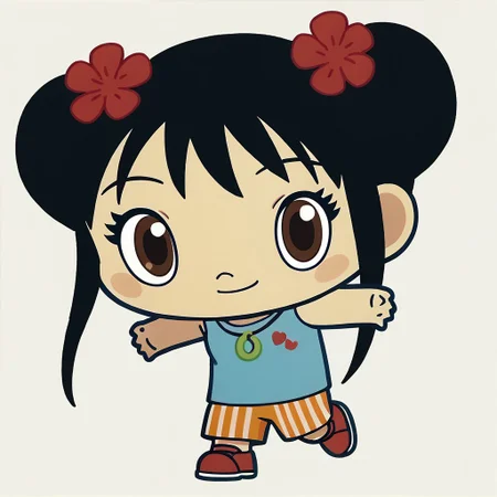 score_9, score_8_up, score_7_up BREAK Kailan, 1girl, black hair, odango hairstyle, brown eyes, red flower-hairclips, light blue tank top, necklace, vertical stripes orange shorts, red shoes with white accents, smiling at viewer, full body, chibi, chibi size,