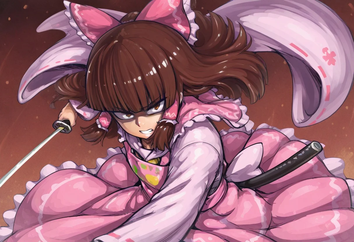 best quality, hires, looking at viewer, 
1girl, solo, rurima \(cookie\), (hakurei reimu:0.5), 
blunt bangs, brown hair, pink apron, 
katana, sheath, 
clenched teeth, shaded face, serious, 
dynamic pose, floating hair, floating clothes,