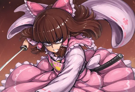 best quality, hires, looking at viewer,
1girl, solo, rurima \(cookie\), (hakurei reimu:0.5),
blunt bangs, brown hair, pink apron,
katana, sheath,
clenched teeth, shaded face, serious,
dynamic pose, floating hair, floating clothes,