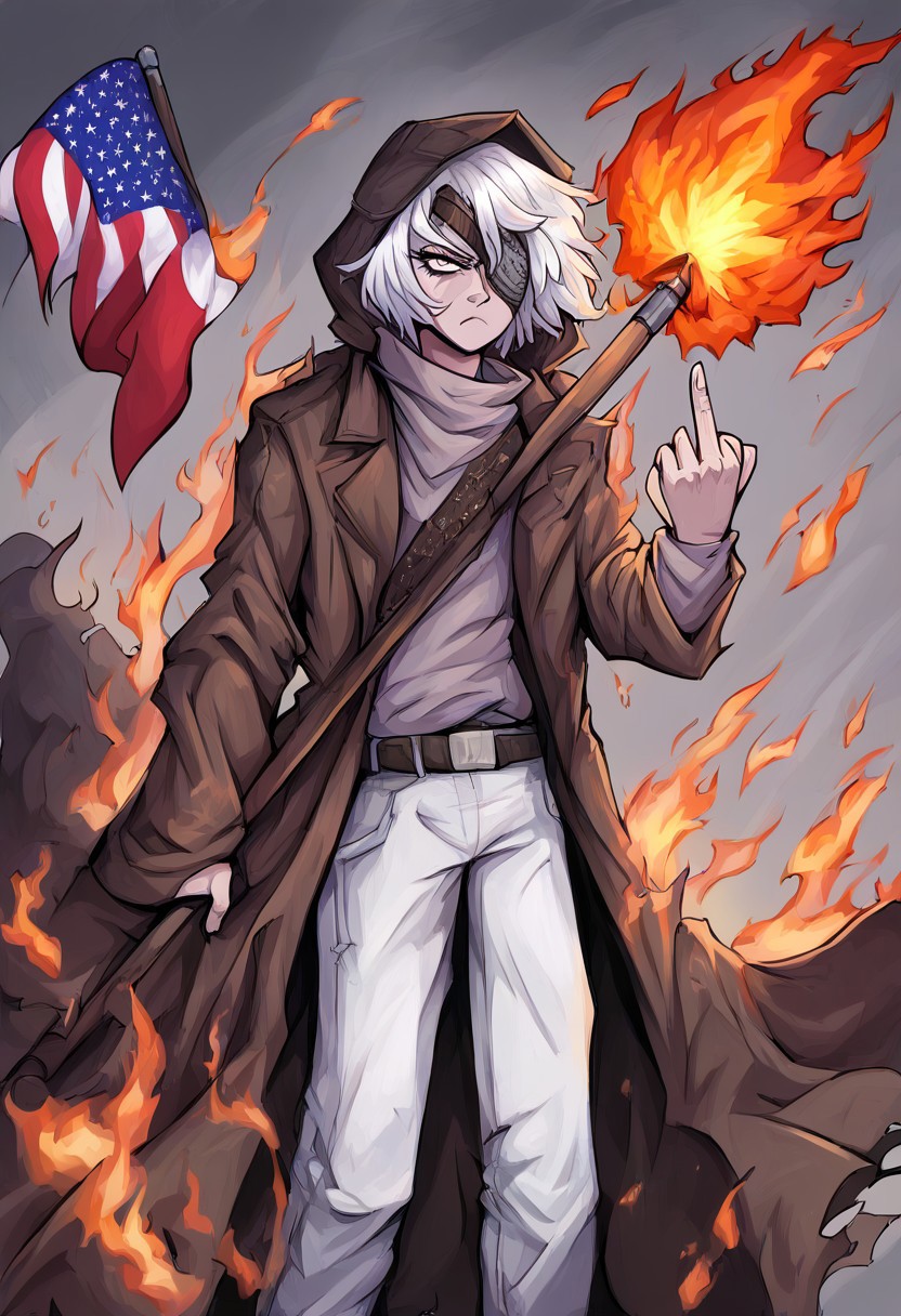 (score_9, score_8_up:1.1), score_7_up, masterpiece, perfect face, beautiful face, perfect <lora:BakaijuStyle:1>, 1girl, solo,DongbaekOld, patch on the right eye, short hair, white hair, grey hair, pants, hood, coat,((american flag)), BakaijuStyle, bold lines, thick lineart, fckYou, middle finger, ((holding flag)), ((burning flag)), serious, calm, flat top eyes, flag on fire