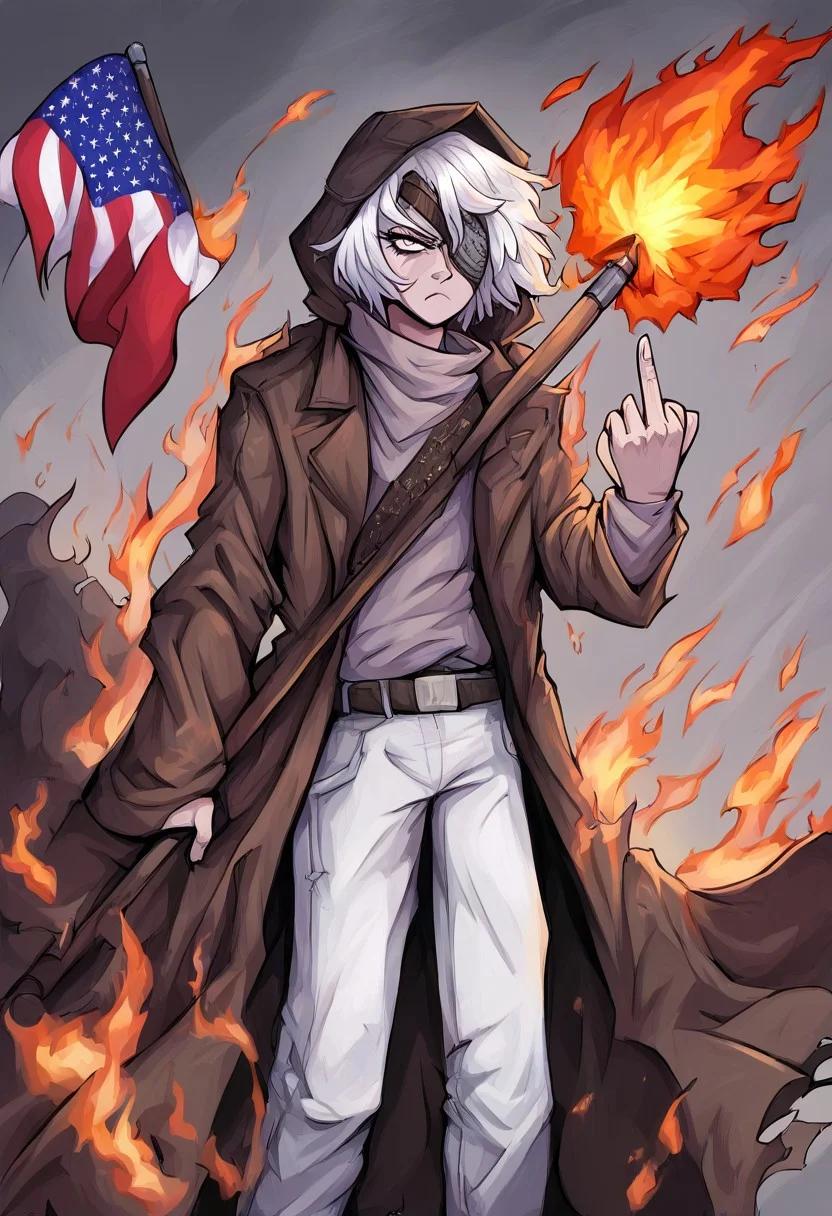 (score_9, score_8_up:1.1), score_7_up, masterpiece, perfect face, beautiful face, perfect <lora:BakaijuStyle:1>, 1girl, solo,DongbaekOld, patch on the right eye, short hair, white hair, grey hair, pants, hood, coat,((american flag)), BakaijuStyle, bold lines, thick lineart, fckYou, middle finger, ((holding flag)), ((burning flag)), serious, calm, flat top eyes, flag on fire