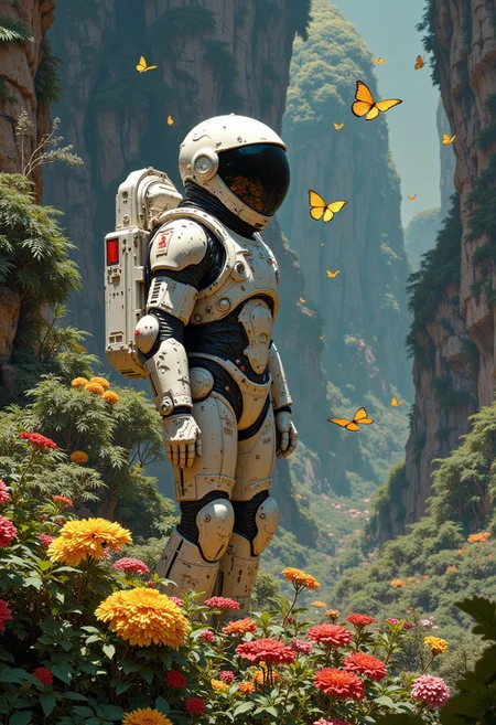 An astronaut in a futuristic spacesuit, standing sideways on with his head raised. Small bright yellow butterflies flutter above it, it stands on an unknown planet but with very contradictory vegetation, beautiful flowers, in the background many fantastic green plants