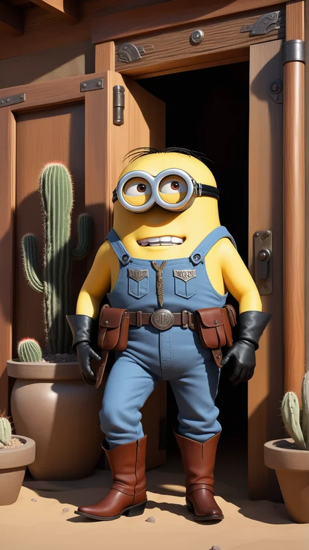 fantasy, archaeology theme, <lora:MinionStyleXL:1> MinionStyle looking down, focus on character, solo, upper body, detailed face, (<lora:TotemPunkAI:0.5>, totempunkai theme:1.1), renegade, holster, poncho, sheriff badge, dynamic movement, determined gaze, 19th century wild west, wild west era saloon with saloon doors in background, cacti, high noon, epic atmosphere, as a minion