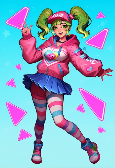 score_9, score_8_up, score_7_up, score_6_up, score_5_up, score_4_up, source_anime, zoey from Fortnite, Zoey, Twintails, pink shoulderless hoodie, pink cap, green hair, neon green twintails, eyes looking viewer, extremely luminous bright design, extremely pastel colors, (night futuristic utopic disco background:1.4), pastel colors, dancing upbeat, smile, full neon lights dance suit, full body, high quality, highres, 1girl, mini skirt, skirt pink, 
striped leggings (white and gray)
