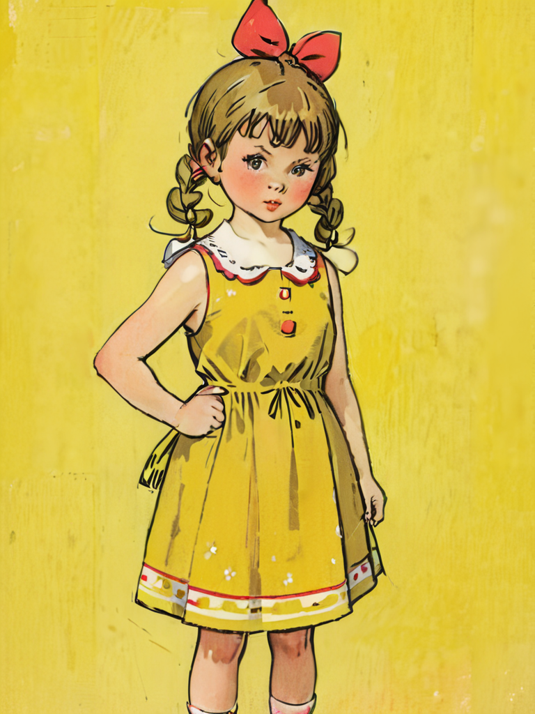 1960s portrait of soviet girl with bows and pigtails in yellow sundress, Genrih Valk illustration <lora:Childrens_book_illustration_by_Genrih_Valk:1.0>