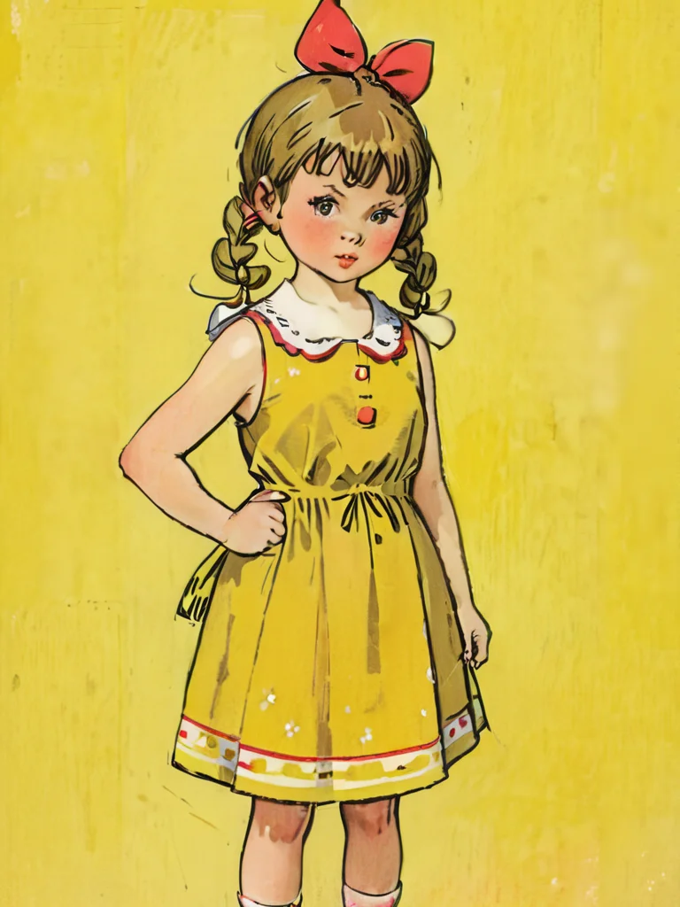 1960s portrait of soviet girl with bows and pigtails in yellow sundress, Genrih Valk illustration <lora:Childrens_book_illustration_by_Genrih_Valk:1.0>