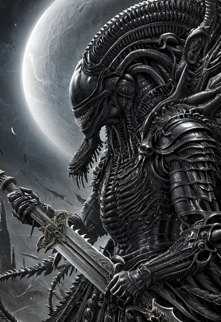 A closeup of fantastical image of a Xenomorph knight, clad in flowing, flowing robes, wielding an ornate, ornate blade. they wield the sword in a fluid, dynamic motion. The moon's reflection highlights their magical power, solo, wide angle, art by hr giger