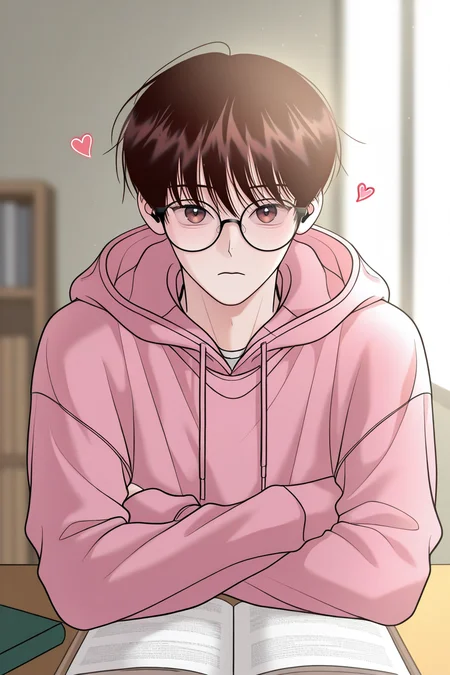 masterpiece, best quality, amazing quality, very aesthetic, high resolution, ultra-detailed, absurdres, newest, scenery, volumetric lighting, depth of field,anime screencap, , , 1boy, solo, male focus,<lora:yoil:0.93>,won yo il,dark brown hair,brown eyes,short hair,looking at viewer, simple background, shirt, long sleeves, closed mouth, upper body, heart, glasses, hood, sleeves past wrists, book, hoodie, hood down, crossed arms, black-framed eyewear, round eyewear, pink hoodie
