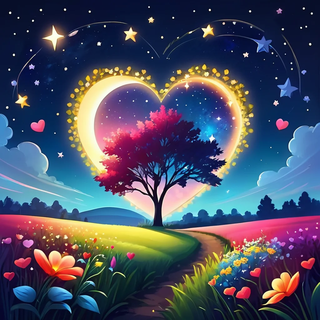 ValentineNatureStyle,flower,outdoors,sky,tree,no humans,night,grass,star (sky),heart shaped stars,heart shaped moon,nature,night sky,scenery,starry sky,field,colorful
,heart shaped flower,valentine, <lora:ValentineNatureStyle:1>, <lora:add_detail:0.8> <lora:more_details:0.8> <lora:colorfix:0.8>