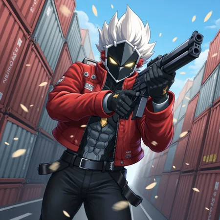 billy, holding guns, action scene, bullets, shipyard, metal containers, anime,