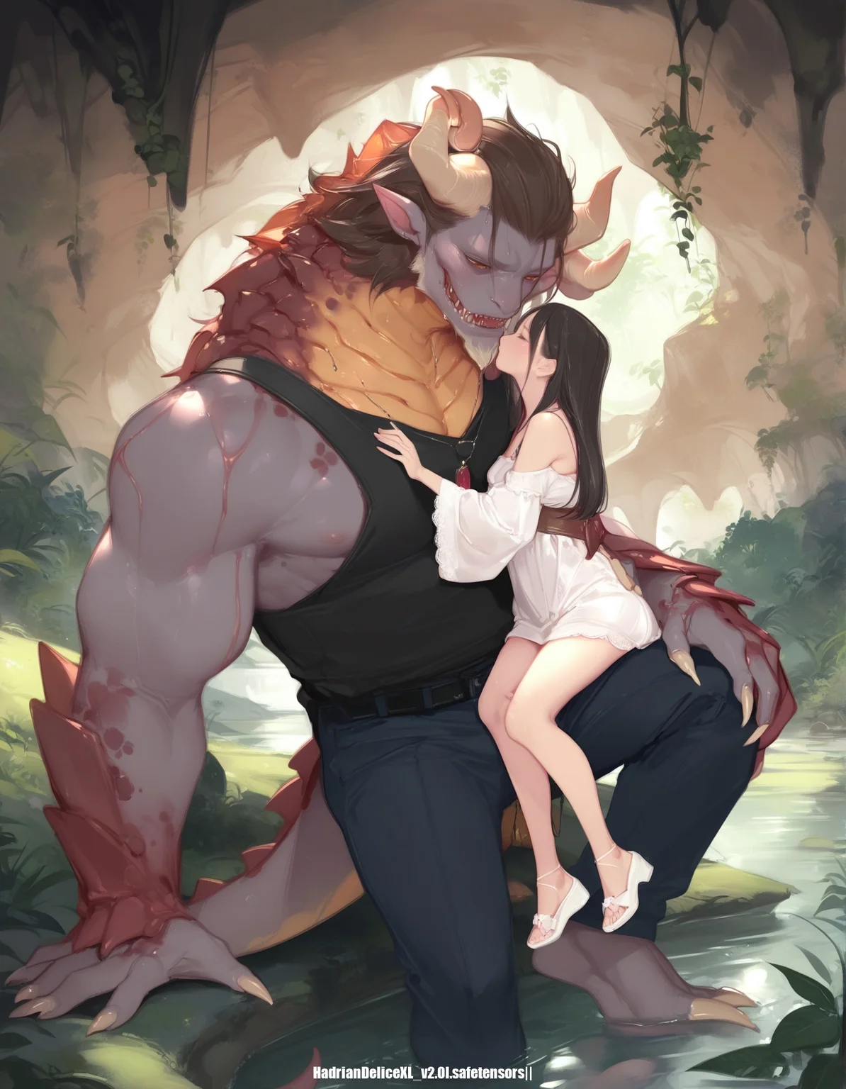 score_9,score_8_up,score_7_up,score_6_up,score_5_up, hd5,ama mitsuki,uncensored,, a girl and a ((monster male)),couple,cave,height difference, sitting on shoulder