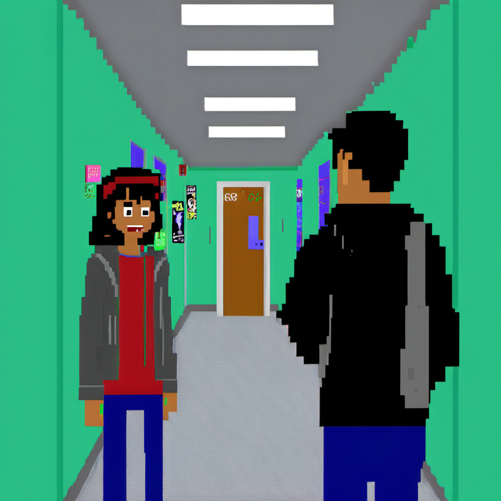<lora:Epic_ZZT_Ultra_XL:1> A high school hallway scene where a girl confronts a boy about a video game he created