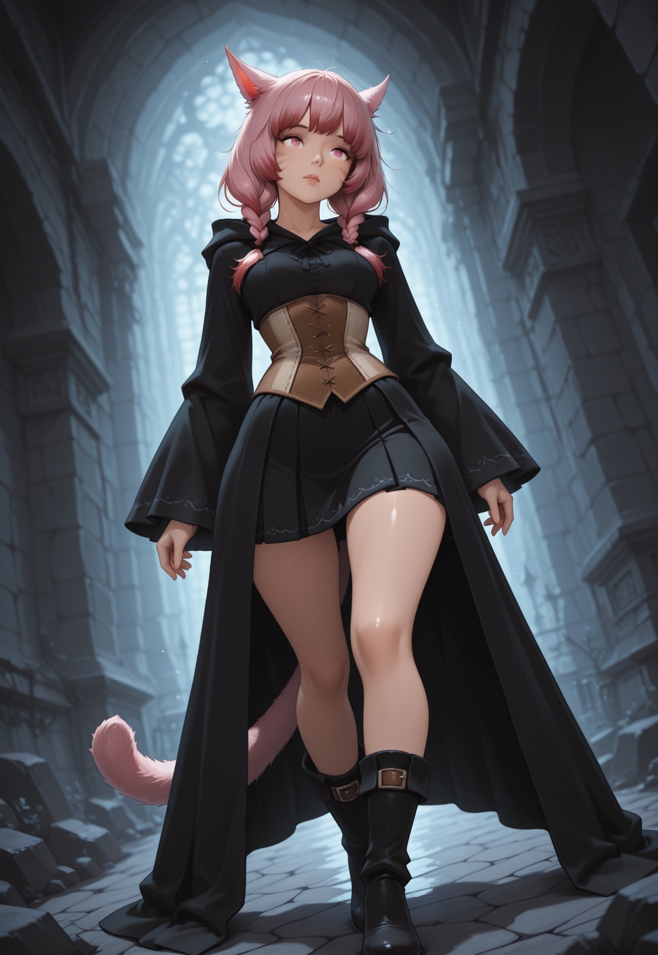 Masterpiece, best quality, newest, absurdres, detailed skin, detailed eyes, solo, 1girl, Miqo'te, full body
