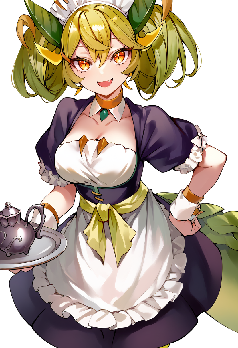 (score_9:0.9),score_8_up,score_7_up,anime style,rating_safe,(zPDXL),<lora:parlor dragonmaid ponyXL v2:0.8>,wrist cuffs, parlor dragonmaid, maid costume,  yellow thigh boots, 1girl, solo, teapot, tray, holding, open mouth, looking at viewer, hand on hip, smile, holding tray, collarbone, large breasts, white background, simple background, green wings