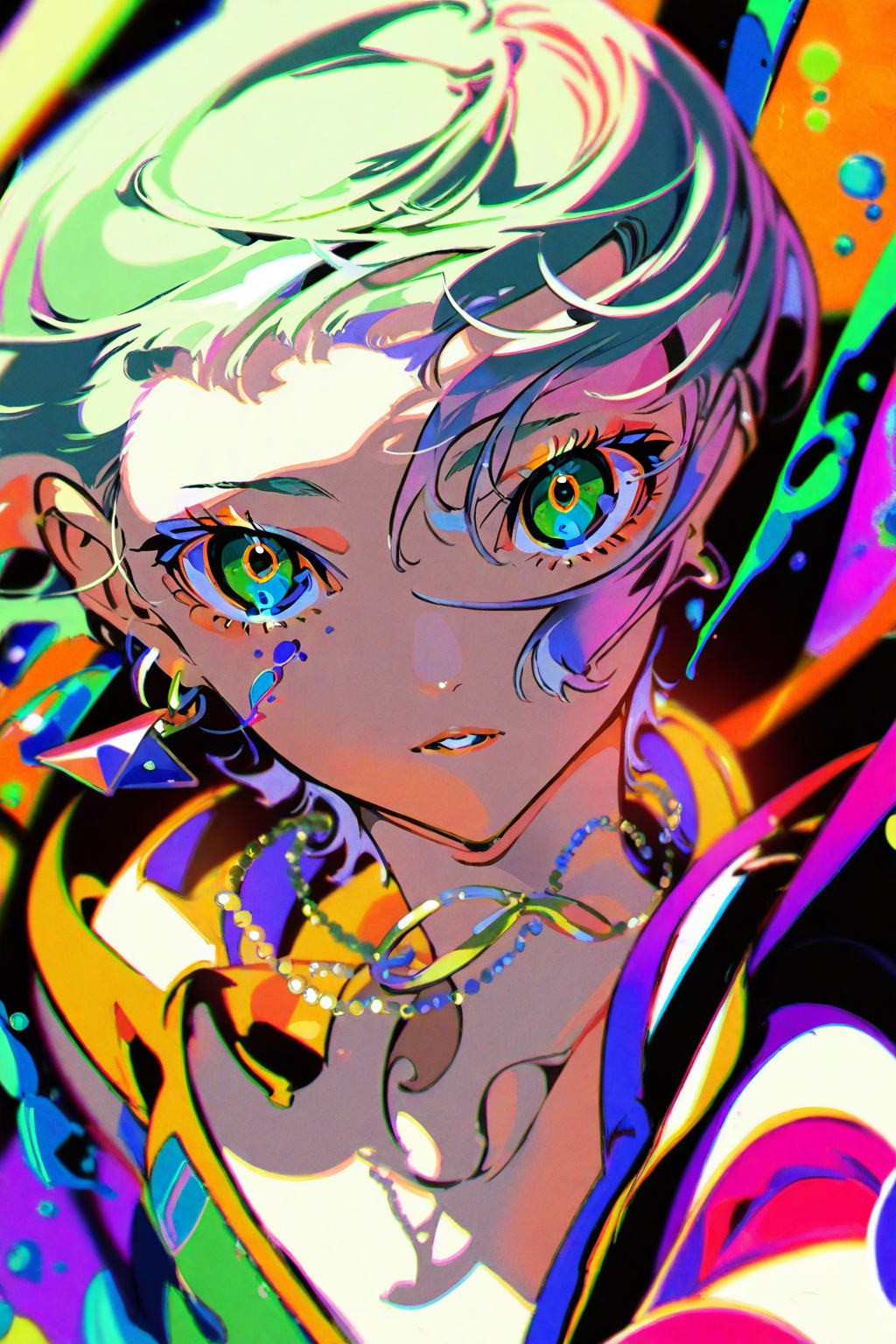 Yoneyama Mai,solo, 1girl, jewelry, looking at viewer, green eyes, parted lips, necklace, earrings, short hair