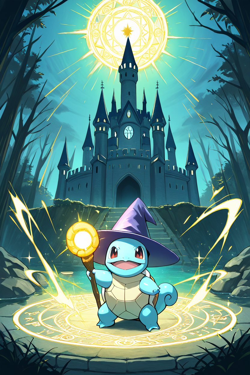 masterpiece, best quality,   <lora:SquirtlePokedexIXL:1.0>,   zzSquirtle, wizard hat, glowing staff, enchanted shell, magical runes, medieval castle, casting a water spell, mystical forest, ancient stone circle, sparkling aura, heroic expression