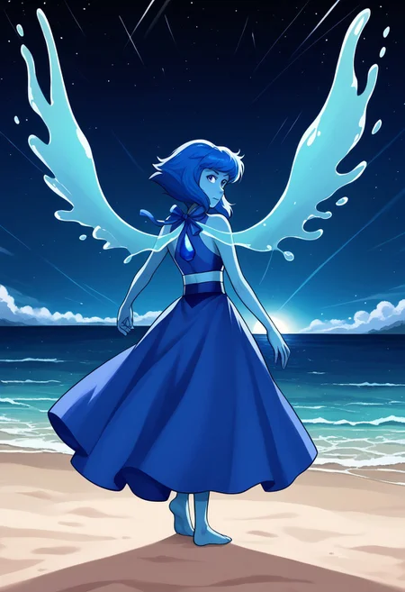 score_9, score_8_up, score_7_up, source anime,
masterpiece, best quality, detailed, amazing quality,
detailed background, night, stars, beach,
detailed eyes, clean eyes,
dynamic pose, full body,
solo, 1woman, woman,
easynegative,
happy, looking back at viewer,
lapis lazuli \(steven universe\),
colored skin, blue skin, blue hair, blue eyes, water wings, gem on back,
lapis_default, halter top, skirt, barefoot,