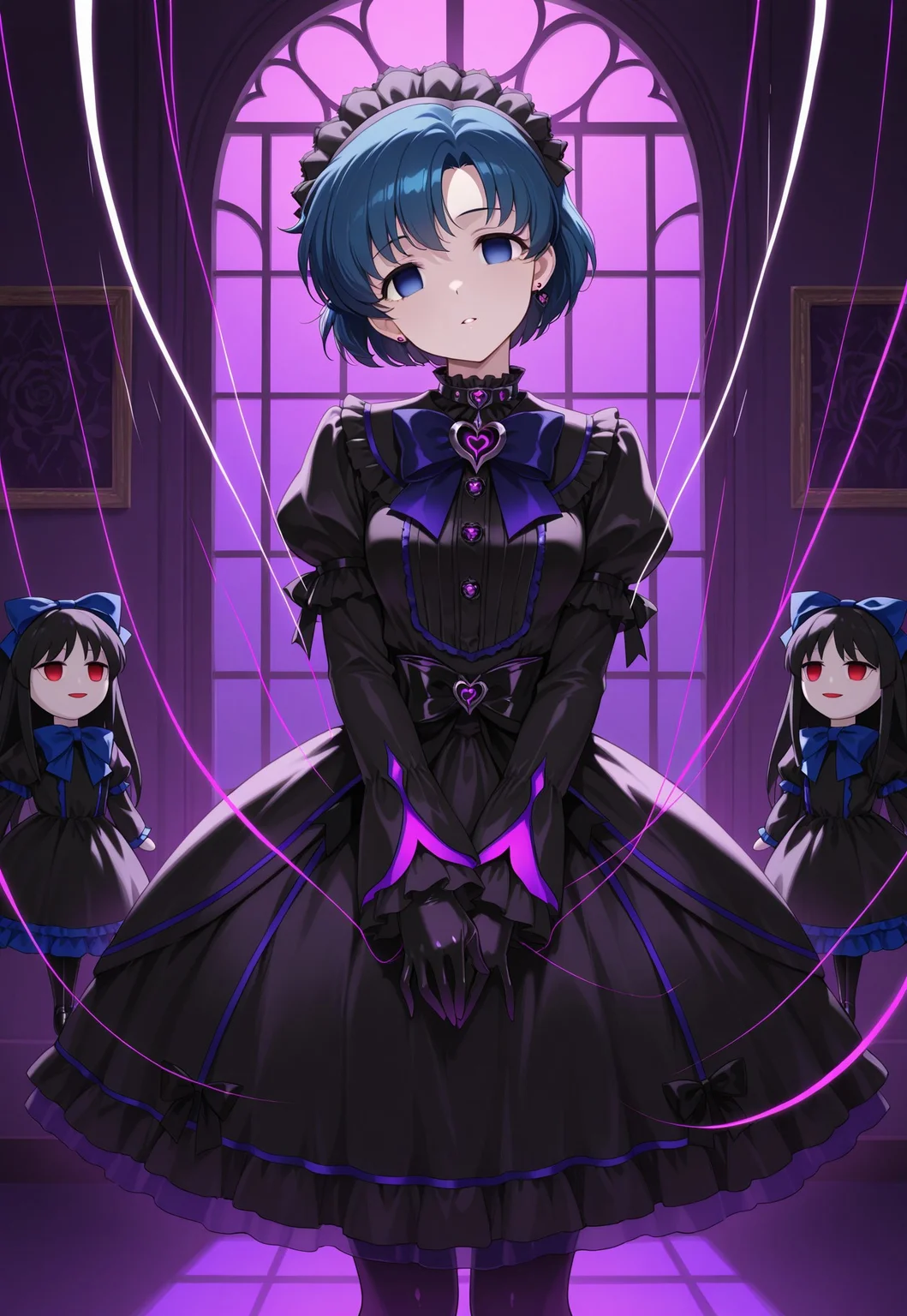 masterpiece, best quality, highres, absurdres, 1girl, mizuno ami, (corruption, dark persona), lolita_fashion, doll dress, living puppet, (puppet strings, string), v arm, empty eyes, head tilt, indoors, dark