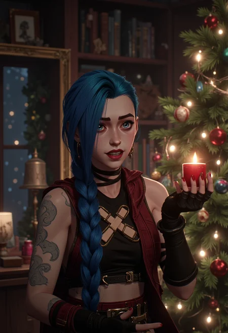 jinx, christmas outfit, home, christmas tree in background, cute, happy, charming, masterpiece, ultra detailed
