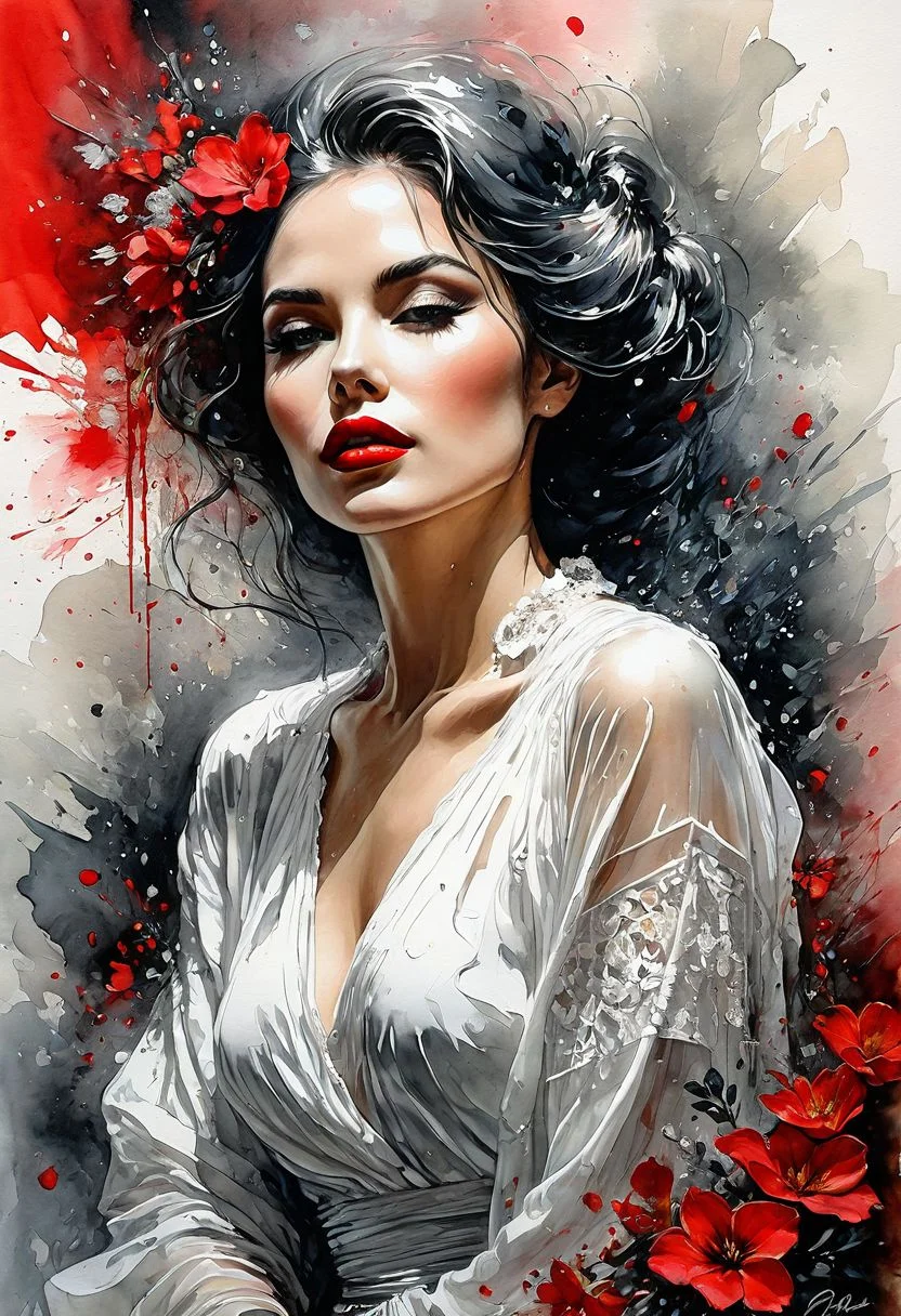 Mixed media masterpiece, oil painting meets pen and ink, alcohol ink on white, double exposure, hyperdetailed elegant lady, red lips, surrounded by delicate flowers, combination of calligraphy and lettering script, thick brushstrokes, palette-knife smudges, artful splashes and splatters, Gabriele Dell'Otto and Bob Peak influence, bright saturated colors, watercolor, oil paints, HDR, 500px, 4k, cinematic
