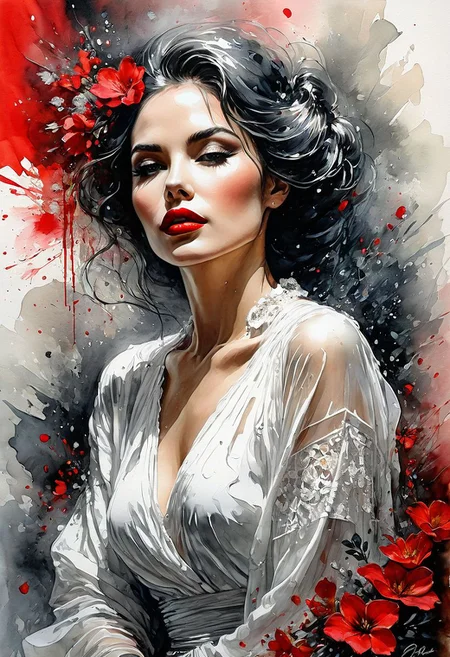 Mixed media masterpiece, oil painting meets pen and ink, alcohol ink on white, double exposure, hyperdetailed elegant lady, red lips, surrounded by delicate flowers, combination of calligraphy and lettering script, thick brushstrokes, palette-knife smudges, artful splashes and splatters, Gabriele Dell'Otto and Bob Peak influence, bright saturated colors, watercolor, oil paints, HDR, 500px, 4k, cinematic
