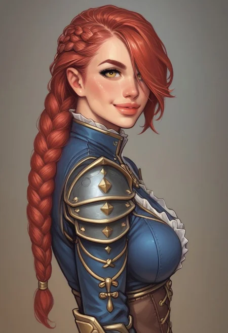 1girl, ((((side view)))), illustration, looking at viewer, highly detailed, from front, 1girl, illustration, looking at viewer, highly detailed, source_comic_illustrationskinny, looking at viewer, 1girl, masterpiece, best quality, Her , full body portrait, 1girl, <lora:agrias-nvwls-v3:1> agrias, armor, corset, blue dress, brown gloves, weapon, cross-laced boots, looking at viewer, sidelocks, braided ponytail, yellow eyes, Romance, sci-fi, artificial intelligence, highly detailed
BREAK
slight smile, looking at viewer,
BREAK
long hair, red hair, hair over one eye, big hair,
BREAK
best quality, depth of field, bokeh, (((full clothed))) (best quality, high detail), ((masterpiece)), <lora:1_ino_20e:1>
BREAK
((((field, farm)))) score_9, score_8_up, score_7_up, score_6_up, source_cartoon, rating_explicit, Expressiveh, (((((upper body))))), dynamic pose