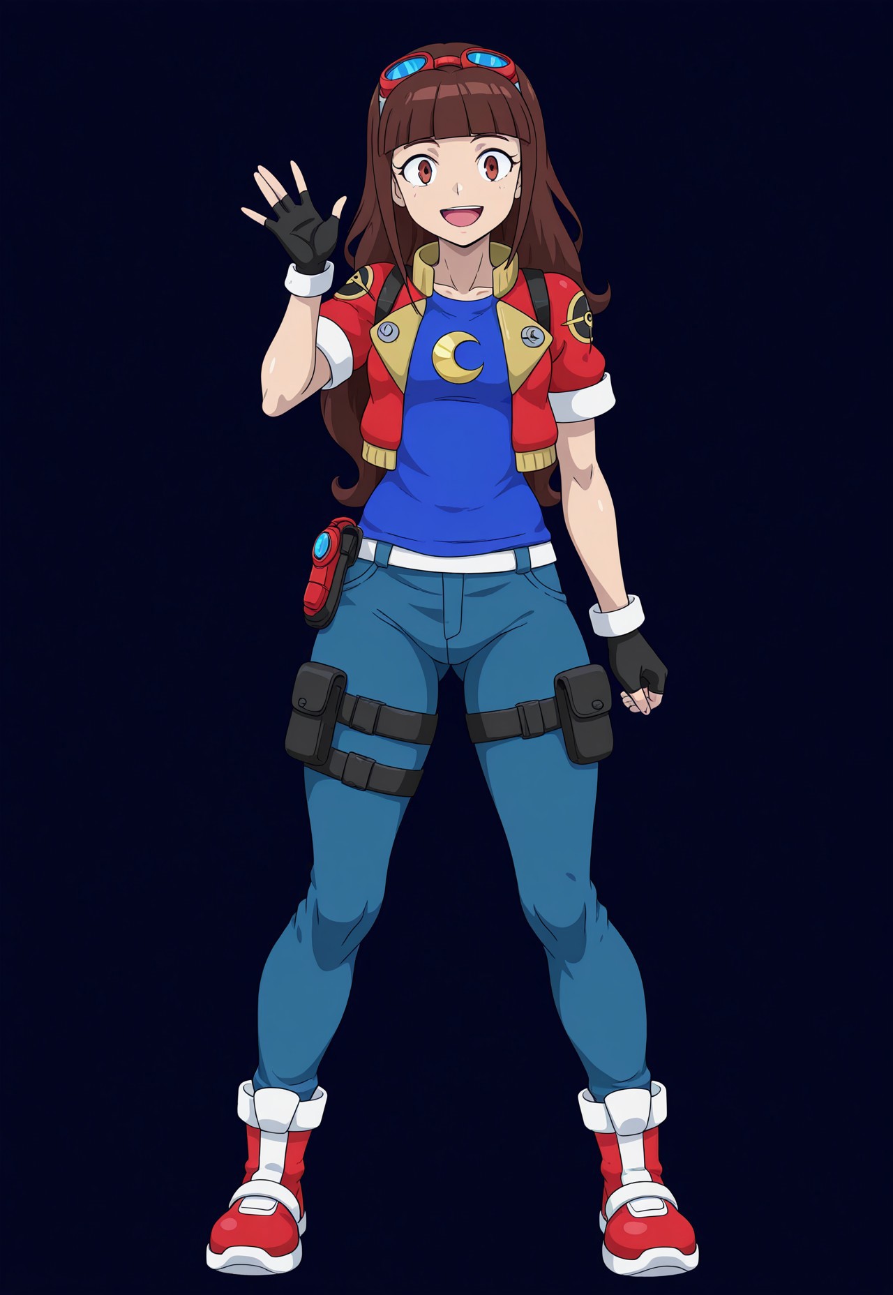 muimui, anime coloring, masterpiece, best quality, newest, absurdres, highres, luna-utopus, long hair, brown hair, brown eyes, blunt bangs, fingerless gloves, red jacket, eyewear on head, black gloves, open jacket, cropped jacket, goggles on head, blue shirt, crescent on shirt, short sleeves, standing, smiling, waving hello, happy, full body, solo, alone, blank background, empty background, no background