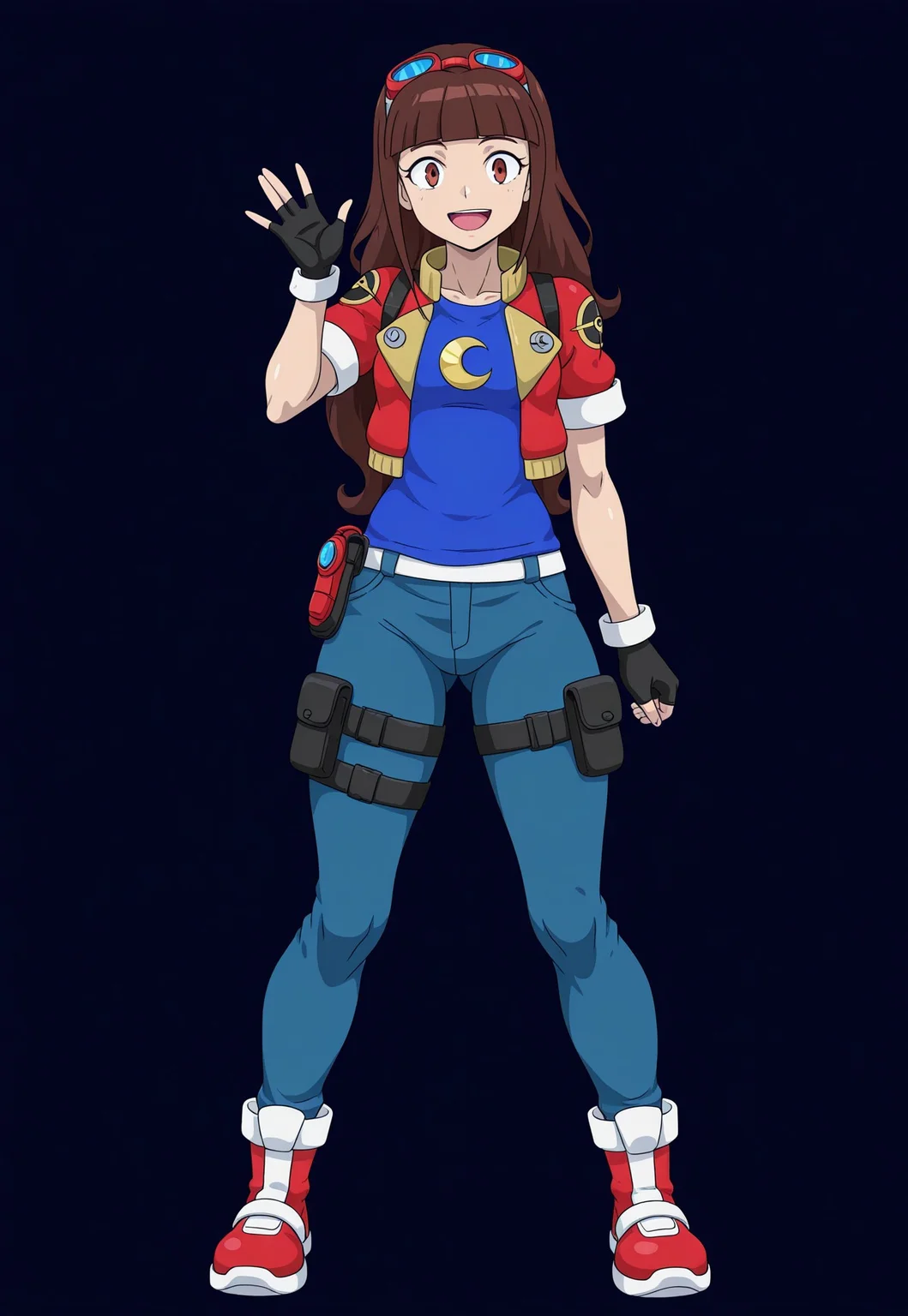 muimui, anime coloring, masterpiece, best quality, newest, absurdres, highres, luna-utopus, long hair, brown hair, brown eyes, blunt bangs, fingerless gloves, red jacket, eyewear on head, black gloves, open jacket, cropped jacket, goggles on head, blue shirt, crescent on shirt, short sleeves, standing, smiling, waving hello, happy, full body, solo, alone, blank background, empty background, no background