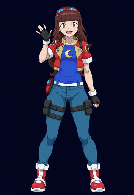 muimui, anime coloring, masterpiece, best quality, newest, absurdres, highres, luna-utopus, long hair, brown hair, brown eyes, blunt bangs, fingerless gloves, red jacket, eyewear on head, black gloves, open jacket, cropped jacket, goggles on head, blue shirt, crescent on shirt, short sleeves, standing, smiling, waving hello, happy, full body, solo, alone, blank background, empty background, no background