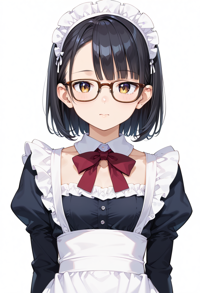 score_9, score_8_up, score_7_up, rating_safe, masterpiece, best quality, absurdres, unity 8k wallpaper, official art, official style, source_anime, uncensored, game cg, megami magazine,
1girl, solo, black hair, medium hair, upper body, covered eyes,maid, maid headdress, black dress, maid apron, face focus,
Wellington24S, glasses, white background, simple background, brown-framed eyewear
 <lora:glasses_Wellington24S_PONY_V1:1>