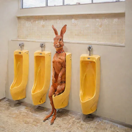 A cowboy, riding rabbit, ral-lava, awaitingtongue, split head and body, danshitoire, syobenki, urinal,  tile wall, tiles, indoors, scenery, door, window, tile floor, realistic