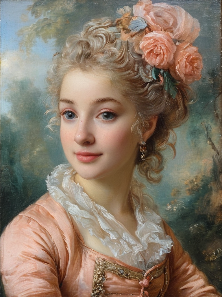 masterpiece,best quality,<lora:tbh124-sdxl:0.7>,idolmaster cinderella girls,portrait of young woman,rococo,oil painting,style of Jean-Antoine Watteau,