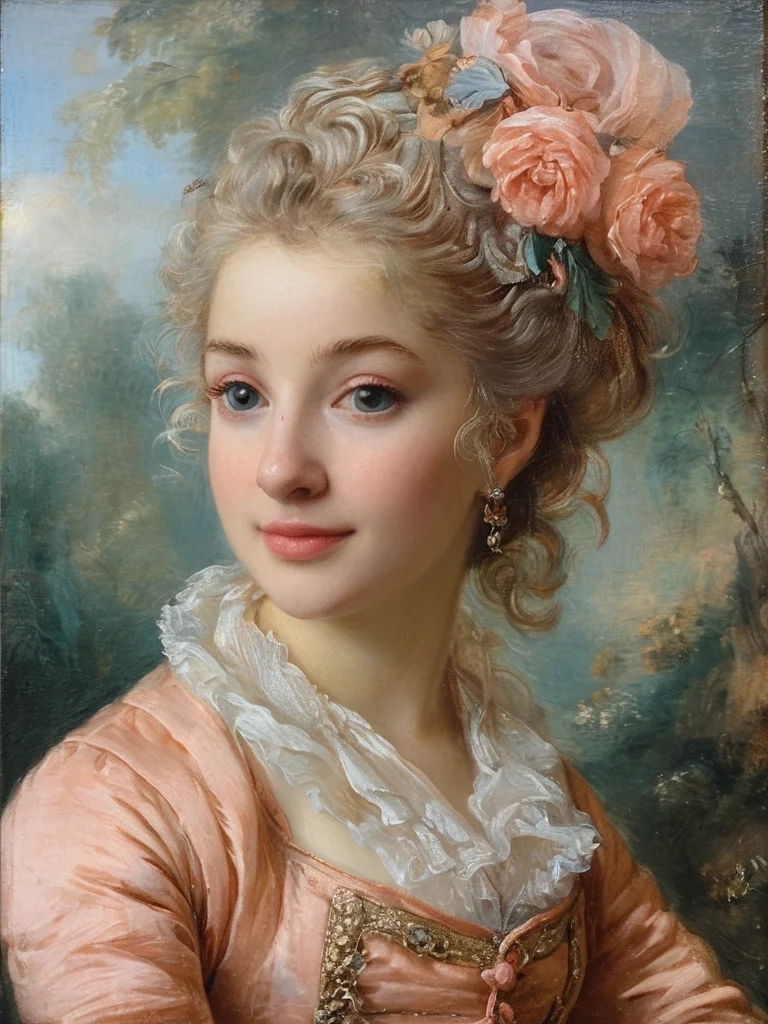 masterpiece,best quality,<lora:tbh124-sdxl:0.7>,idolmaster cinderella girls,portrait of young woman,rococo,oil painting,style of Jean-Antoine Watteau,