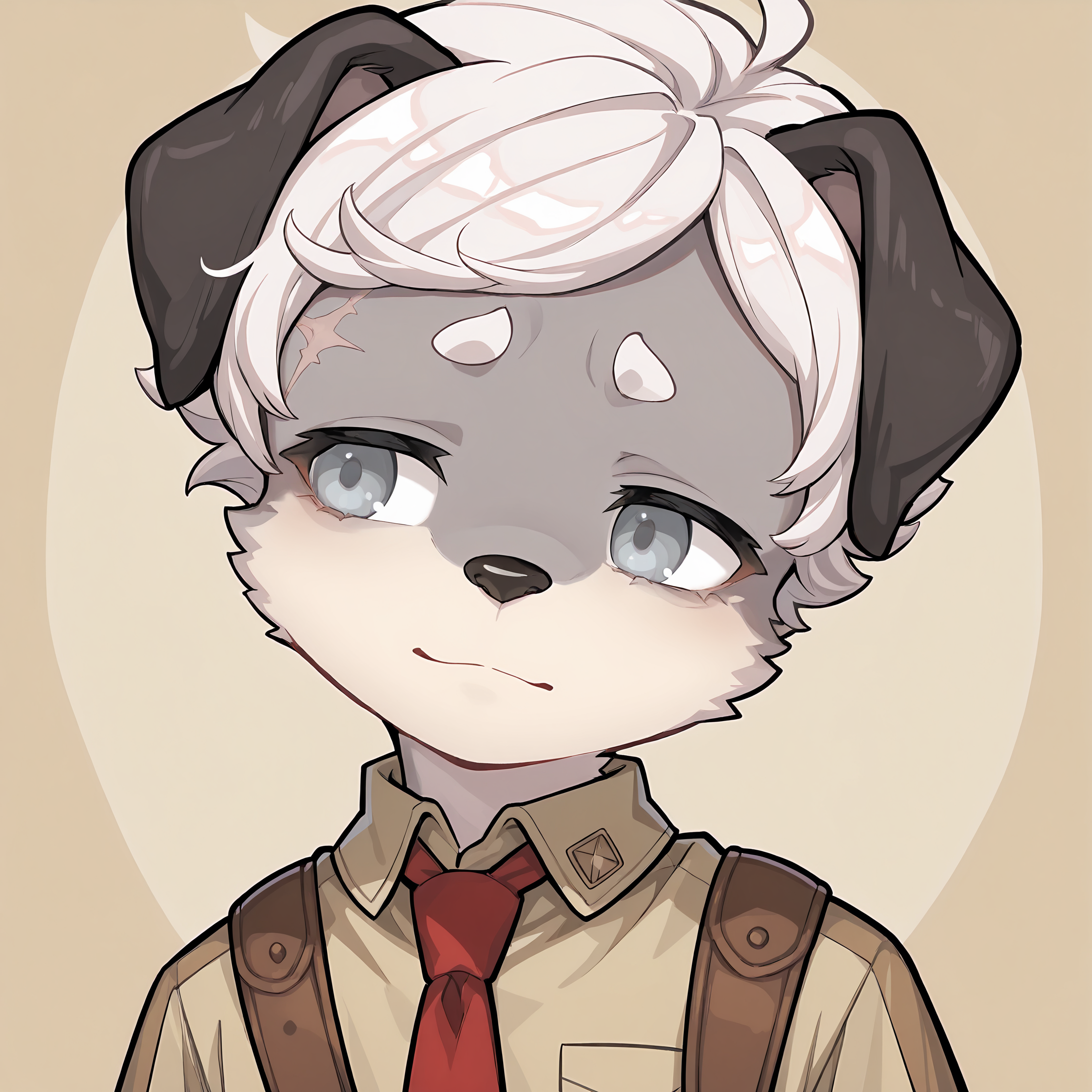BREAK, <lora:Britz_Strudel:1>, britz strudel, fuga: melodies of steel, kemono, furry male, young male, 1boy, dog boy, grey fur, beige fur, multicolored fur, grey eyes, short hair, white hair, scar above right eye, animal ears, dog ears, floppy ears, dog tail, brown tail, Fuga 1 appearance, short hair, slick hair,
BREAK, Fuga 1 Outfit, Berman Uniform, beige button-up uniform shirt, red necktie, brown sling,
BREAK, solo, face focus, close-up, looking away, soft smile, sad, head tilt,