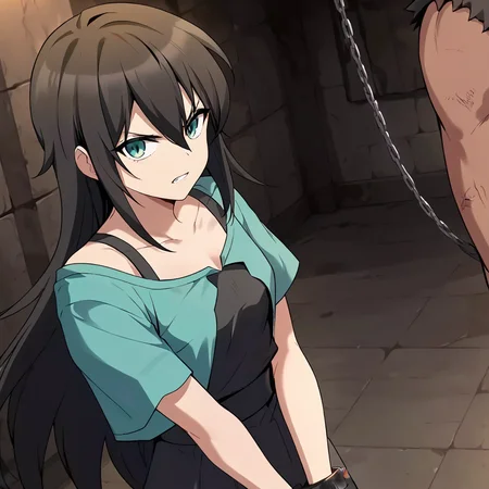 1girl, solo, rurin, long hair, black hair, dress, green jacket, open shirt, aqua eyes, slit pupils, hair between eyes, collarbone, short sleeves, bangs, black dress, black tank top, looking at viewer, small breasts, hips, thighs, cleavage, bare shoulders, (bound wrists:1.2), (chained wrists:1.2), (own hands together:1.2), arms down, bound, cuffs, glaring, clenched teeth, standing, facing viewer,
score_9, score_8_up, score_7_up, masterpiece,
<lora:Rurin_r1:0.8>