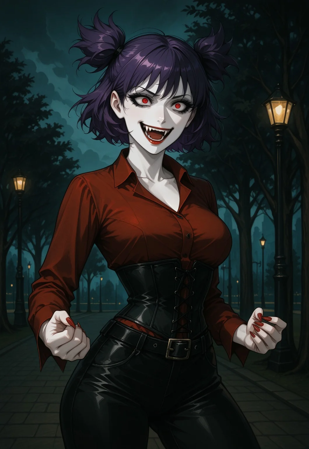 masterpiece, best quality, traditional media, heavy film grain, paper texture, DFGPT, gothic, 1girl, solo, lena, mature female, vampire, pale skin, purple hair, messy hair, short hair, short twintails, two side up, bangs, black eyeshadow, red eyes, crazy eyes, red lips, fangs, red nails, long nails, medium breasts, narrow waist, black leather pants, belt, black corset, red collared shirt, open collar, collarbone, power pose, fighting stance, dominant woman, laugh, outdoors, park, lamppost, tree, cloudy sky, dramatic lighting, dim lighting, sharp shading, intricate details, uncensored.