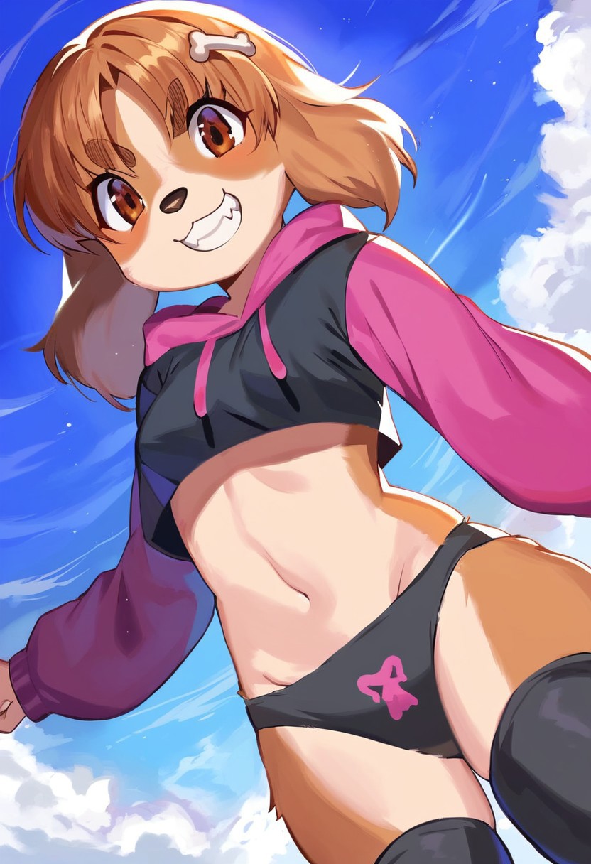 Solo, 1girl, female, young, small body, shortstack, cute face, furry, dog ears, dog tail, dog girl, small breasts, body fur, bone hair ornament, brown hair, brown eyes, animal nose, bangs, thick eyebrows, short hair, detailed eyes, detailed skin, detailed eyes, perfect face, angry, forced smile, teeth showing, BREAK  DYOWNBTSDXL, hood, hoodie, underwear, panties, black thighhighs, cropped hoodie, navel, midriff, black panties, crop top, long sleeves, skull sprint BREAK streets, outdoors, colorful, looking ar viewer, dutch angle, V, BREAK ((ultra-detailed)), ((best quality)), ((best quality)), ((beautiful eyes)), ((extremely detailed)), 4K, (8K), best quality, (beautiful), Master piece, highres, score_9, score_8_up, score_7_up, score_6_up, score_5_up, score_4_up, colorful, best quality, official art, highres, masterpiece, nai3, god light, detailed background, high quality background,