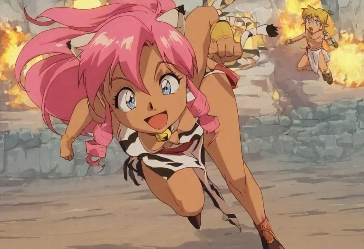 Pink_DragonPink, 1girl, sleeveless dress, white tiger print dress, pelvic curtain, bright pink hair, cleavage, cat bell necklace, cat ears, bronze tanned, white tiger tail, red sash, small breasts, leather shoes, masterpiece, very aesthetic, <lora:pink-illustrious:1>, open mouth smiling, one fang showing
Break
1boy,Anime screencap,link (zelda),blonde hair,blue eyes,pointy ears, low ponytail, sidelocks, wearing blue hyilian tunic, smiling
Break
Calamity ganon's castle blowing up, explosion, outside, at night, running, full speed, leaning forward, pink and link running from the explosion, facing the viewer, explosion behind them,