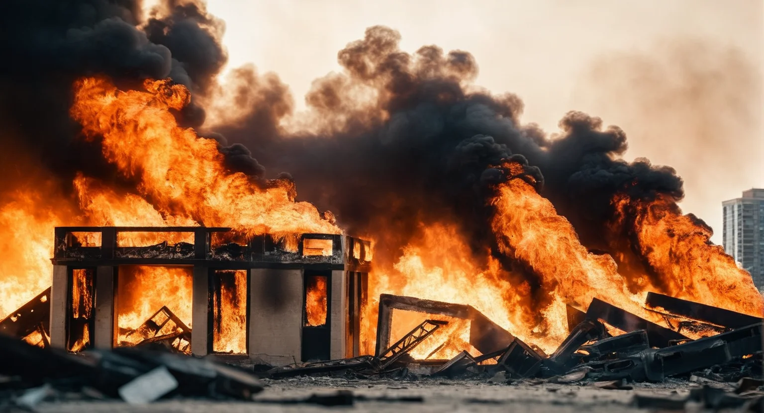 cinematic film still of <lora:cinematic explosion style:1.5>
a large fire is raging through a wrecked city cinematic explosion style, shallow depth of field, vignette, highly detailed, high budget, bokeh, cinemascope, moody, epic, gorgeous, film grain, grainy