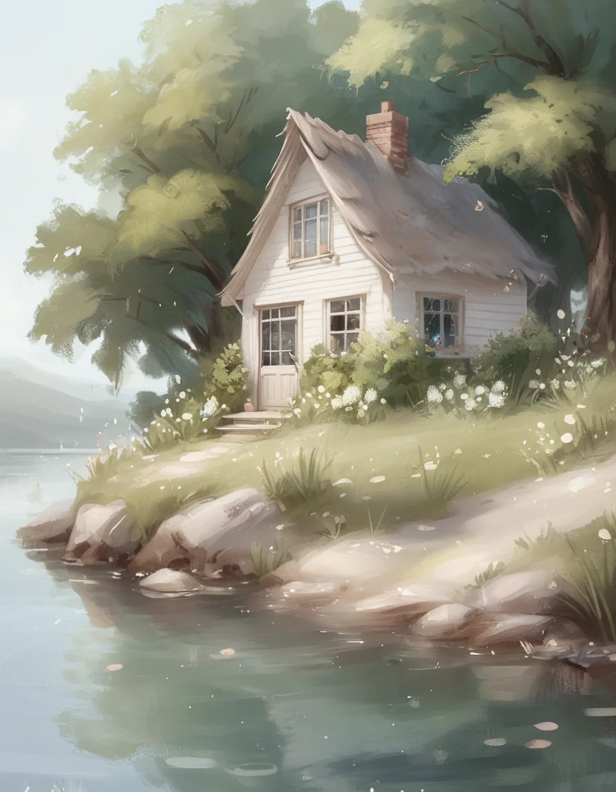 cottage by the water <lora:novuschroma31 style_b3:1> novuschroma31 style