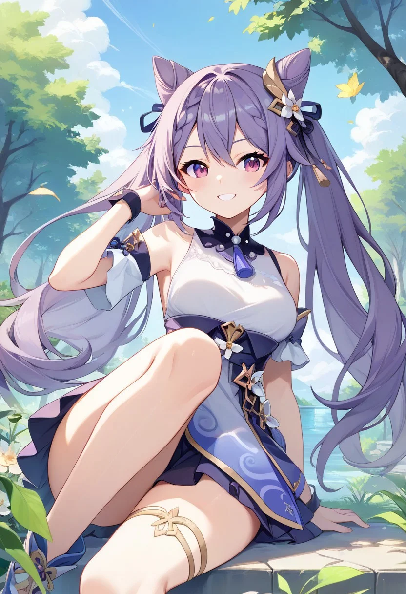 score_9, score_8_up, score_7_up, source_anime, best quality, masterpiece, 1girl, solo, smile. outdoors,
keqingcs, purple hair, cone hair bun, purple eyes, long hair, double bun, braid, twintails,