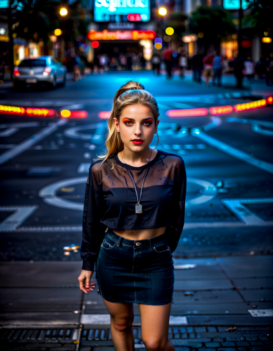 (from above, real life, cinematic, 1girl, cute, gorgeous blonde white 18yo girl, ponytail, alluring face, sexy, makeup, (wide hips, big ass), futuristic pencil skirt, sheer top), dynamic pose, score_8_up, score_9_up,, bloom, rim lighting, <lora:Beautiful face_alpha1.0_rank4_noxattn_last:.78>, <lora:Neon_Scene:0.80> neonscene, reflection, glowing, orange neon light everywhere, neon lights, darkness, neon spotlights, noise offset, light reflection, (bokeh, depth of field), electricity, sparks <lora:detailer_pony_v4:1>