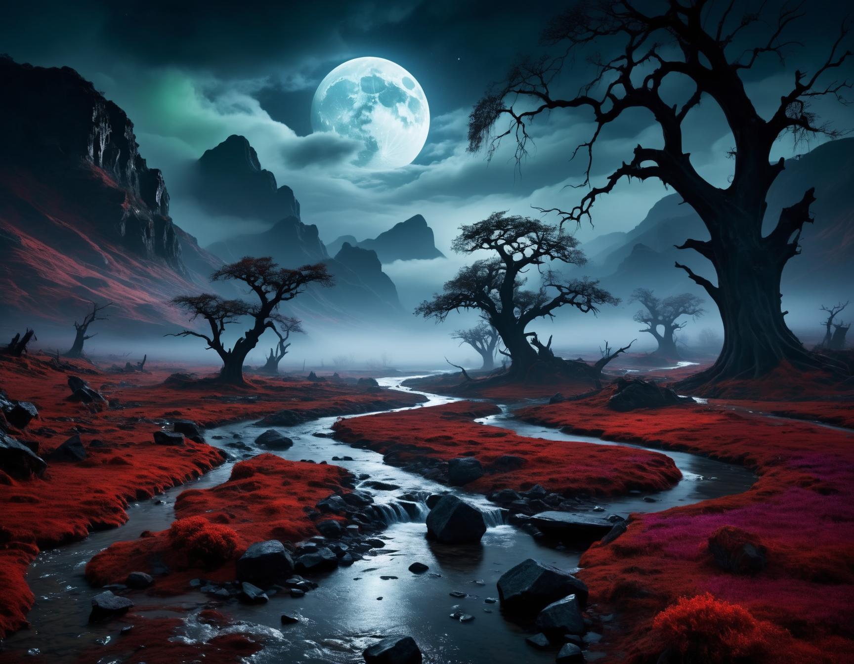 EdobHorrorLandscape,  a photorealistic haunting landscape at night, under a stark white perfectly round moon. The extreme contrast environment combines elements of nature with an eerie twist: ruins, a flowing blood red river with an unsettling undercurrent, and peculiar, ancient twisted trees branches sprawling and gnarled adding a sense of ancient dread. The color scheme should shift from the typical reds to more unnerving shades of dark blues, purples, and greens, creating a cold, macabre atmosphere. The landscape is drenched in a misty rain, with the ground covered in a flowing river that reflects the eerie moonlight. Integrate subtle alien-like elements into the environment, enhancing the otherworldly and ominous setting, skulls are littered across the landscape <lora:EdobHorrorLandscape_XL_v1.0:0.8>,<lora:add-detail-xl:1.2>, 8k, uhd, masterpiece, high quality, best quality