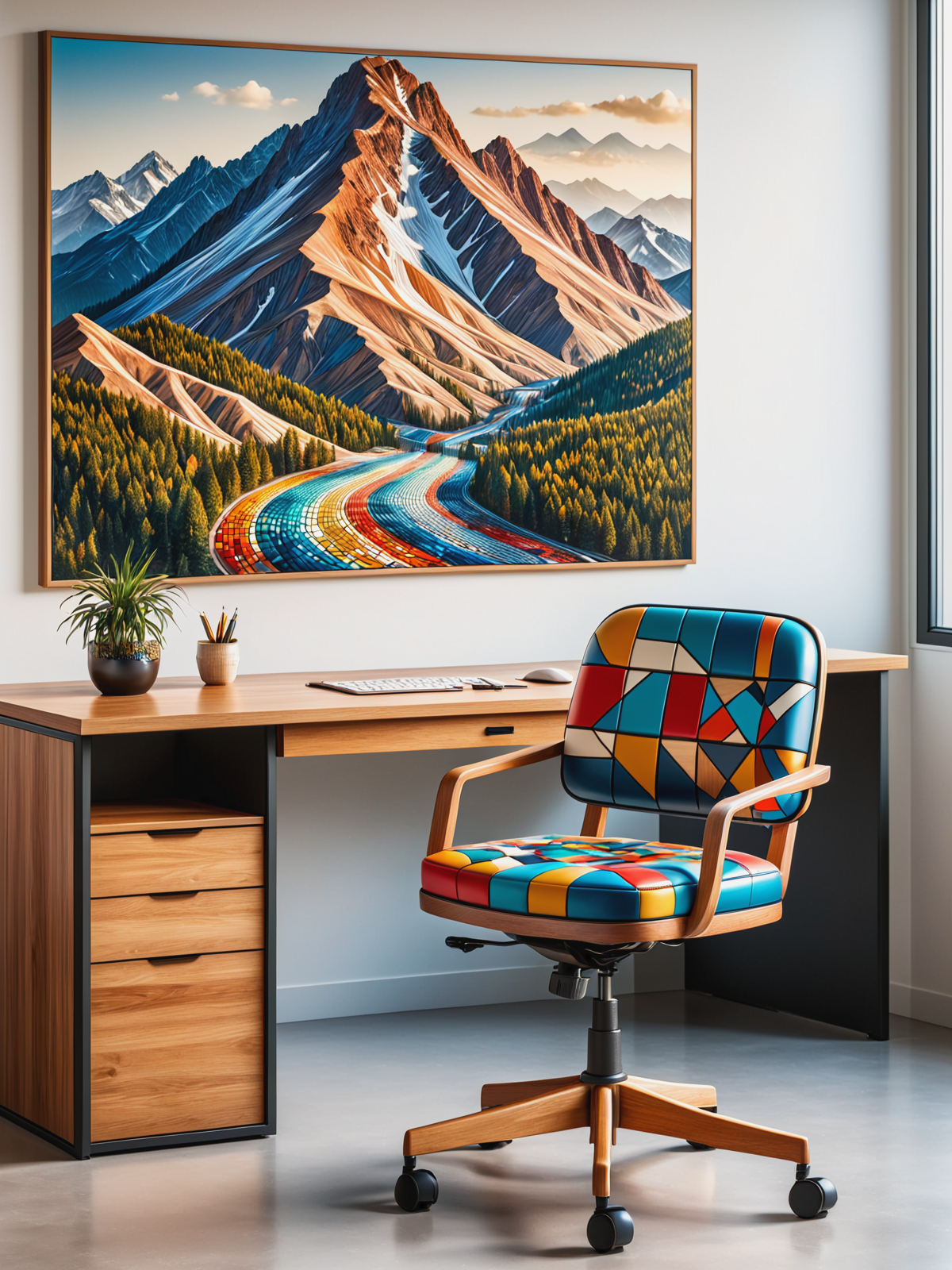 mad_colorful_mosaic office chair and wooden desk in an expensive office, photograph of a mountain on the wall <lora:Colorful_Mosaic_SDXL:0.6>, (masterpiece:1.2), best quality