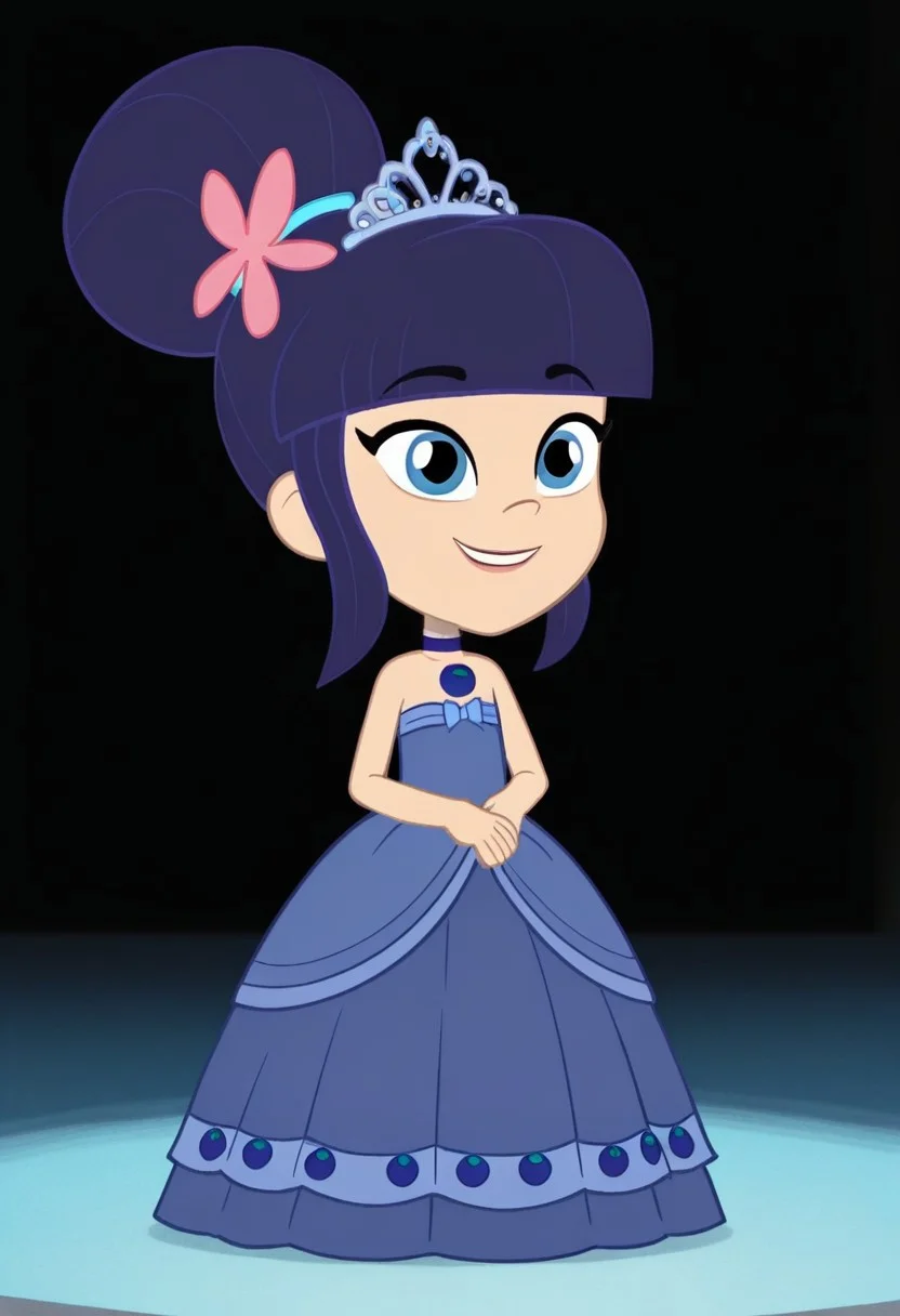 Blueberry_Muffin, 1girl, solo, dark blue hair, very big bun, flat bangs, light skin, blue-grey eyes, light blue hair tie, light pink flower, dark blue choker, long large dark blue floor length gown, ball gown, rhimestones. She is also wearing a tiara, hoop skirt, dome shape skirt, quinceanera, prom, pageant, full body, smile