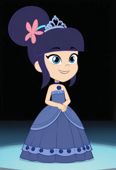 Blueberry_Muffin, 1girl, solo, dark blue hair, very big bun, flat bangs, light skin, blue-grey eyes, light blue hair tie, light pink flower, dark blue choker, long large dark blue floor length gown, ball gown, rhimestones. She is also wearing a tiara, hoop skirt, dome shape skirt, quinceanera, prom, pageant, full body, smile