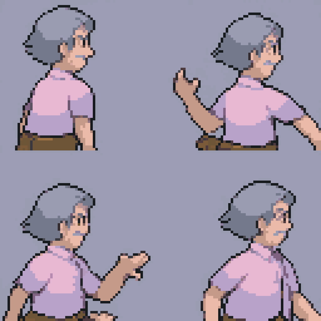 backsprite, gen3backtrainer, sprite sheet, pixel art, from behind, 1boy, brown eyes, short hair, grey hair, buzz cut, glasses, beard, facial hair, mustache, pink shirt, collared shirt, buttoned shirt, brown pants, belt, white background, simple background   <lora:PkmnGen3TrainerBack:1> 
