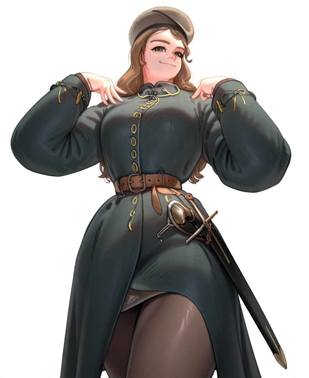 <lora:wassnonnamC:1> wass nonnam, wassnonnam,
(masterpiece), (best quality), (ultra-detailed), amazing quality, very aesthetic, illustration, perfect composition, intricate details, absurdres, incredibly absurdres, shiny skin, realistic,
 wassnonnam, solo, 1girl, white background, simple background, sheath, weapon, brown hair, hat, looking at viewer, sword, sheathed, brown eyes, belt, coat, breasts, smile, long sleeves, pantyhose, long hair, general