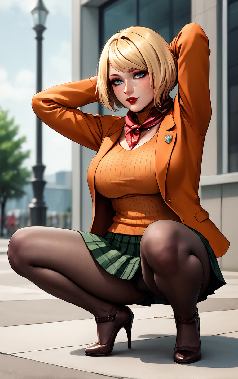 score_9, score_8_up, score_7_up, masterpiece, best quality, absurdres,  solo, BREAK
MainOutfit_Ashley_ownwaifu, 
1girl, blue eyes, short hair, blonde hair, lips, freckles, jewelry, bob cut, necklace, nose, bangs, large breasts, red lips, eyelashes, lipstick, makeup, 
red scarf, brown coat, orange sweater, ribbed sweater, black pantyhose, plaid skirt, green skirt, miniskirt, pleated skirt, turtleneck, blazer, long sleeves, orange jacket, open coat,
(squatting, tiptoes, spread legs, arms behind head), full body, street, outdoors, <lora:PONYXL_ResidentEvil4Remake_Ashley_ownwaifu:0.75> , depth of field