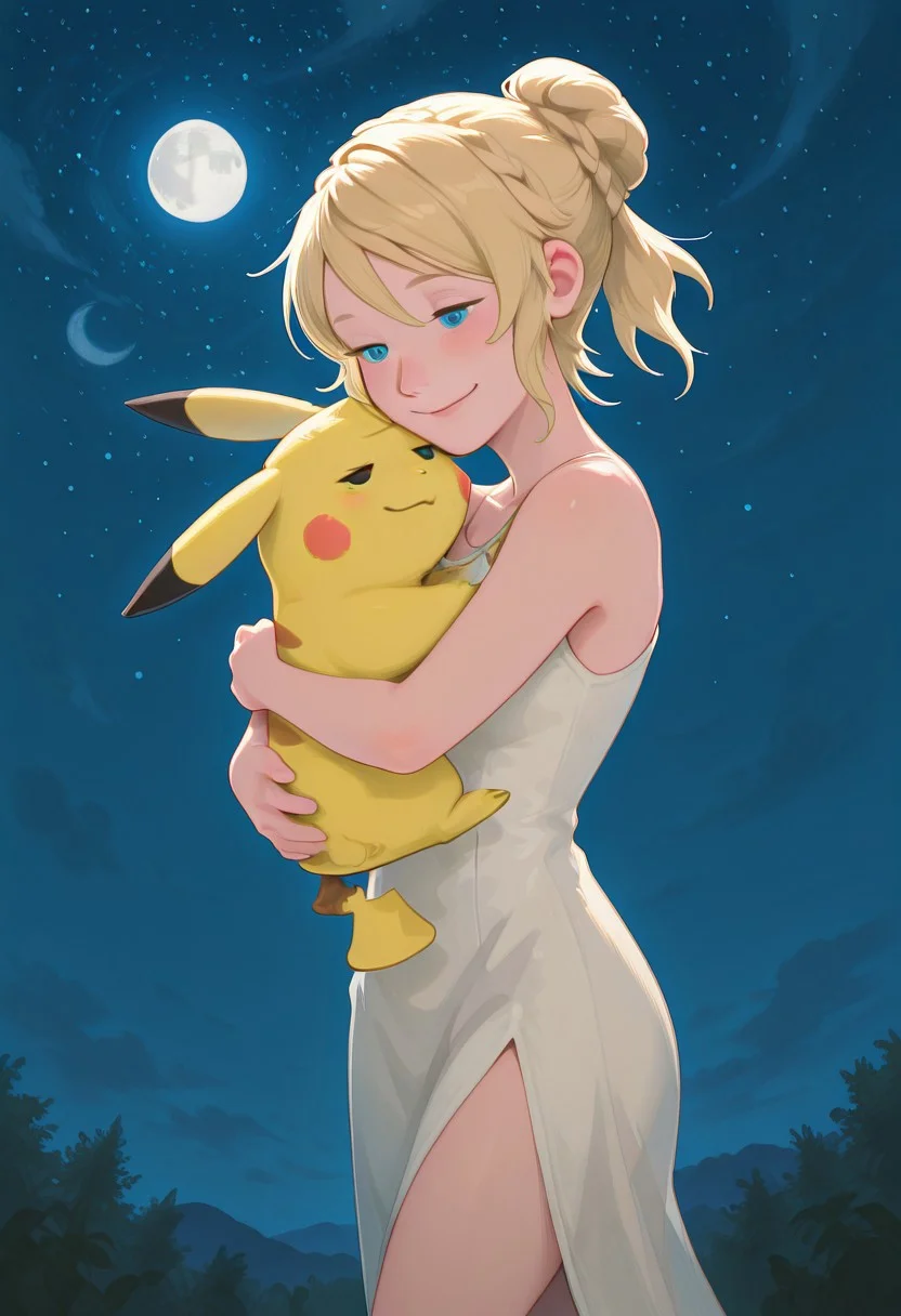 embedding:IllusP0s, g00se, from front, Lunafreya Nox Fleuret, blonde hair, hair up, braid, asymmetrical bangs, sleeveless dress, white dress, blue eyes, hugging pikachu, hug, Pikachu, 1girl, solo, loving, smile,
BREAK,
night time, moon background, starry sky, blue sky,<lora:g00se_v2_ill.safetensors:1.0:1.0> <lora:Lunafreya_Nox_Fleuret_ill.safetensors:1:1>